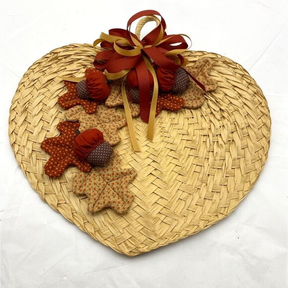 Vtg Palm Leaf Fan Woven Wicker Fall Autumn Appliqué Leaf Acorn‎ Farmhouse Rustic - Picture 1 of 8